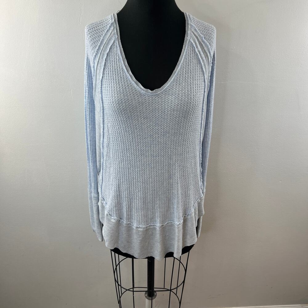 We The Free People Blue Catalina Top Thermal Waffle Knit Ruffled Hem Sz S Small - Picture 2 of 10